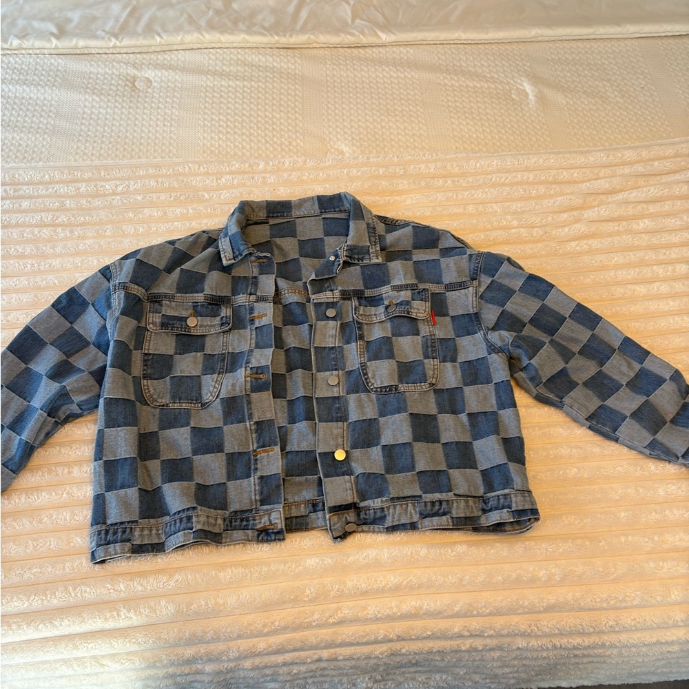Amazon Blue and Black Checkered Jean Jacket